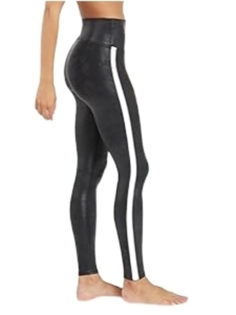SPANX Womens Very Black White High Rise Stripe Faux Leather Leggings Medium